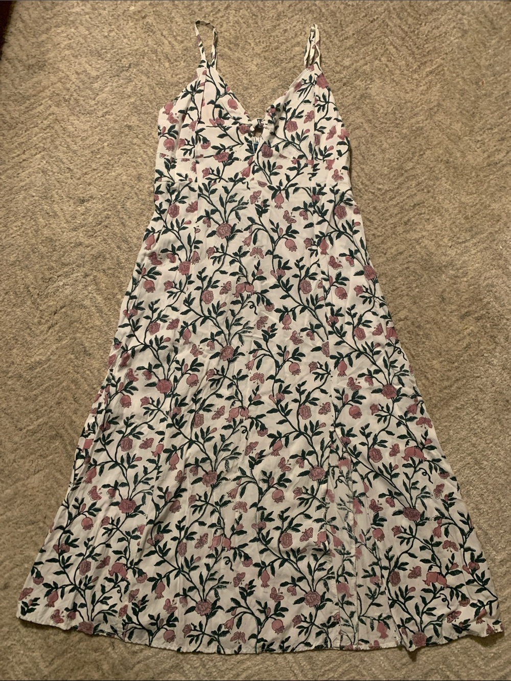 Floral Spaghetti Strap Maxi Dress - White with Pink & Green